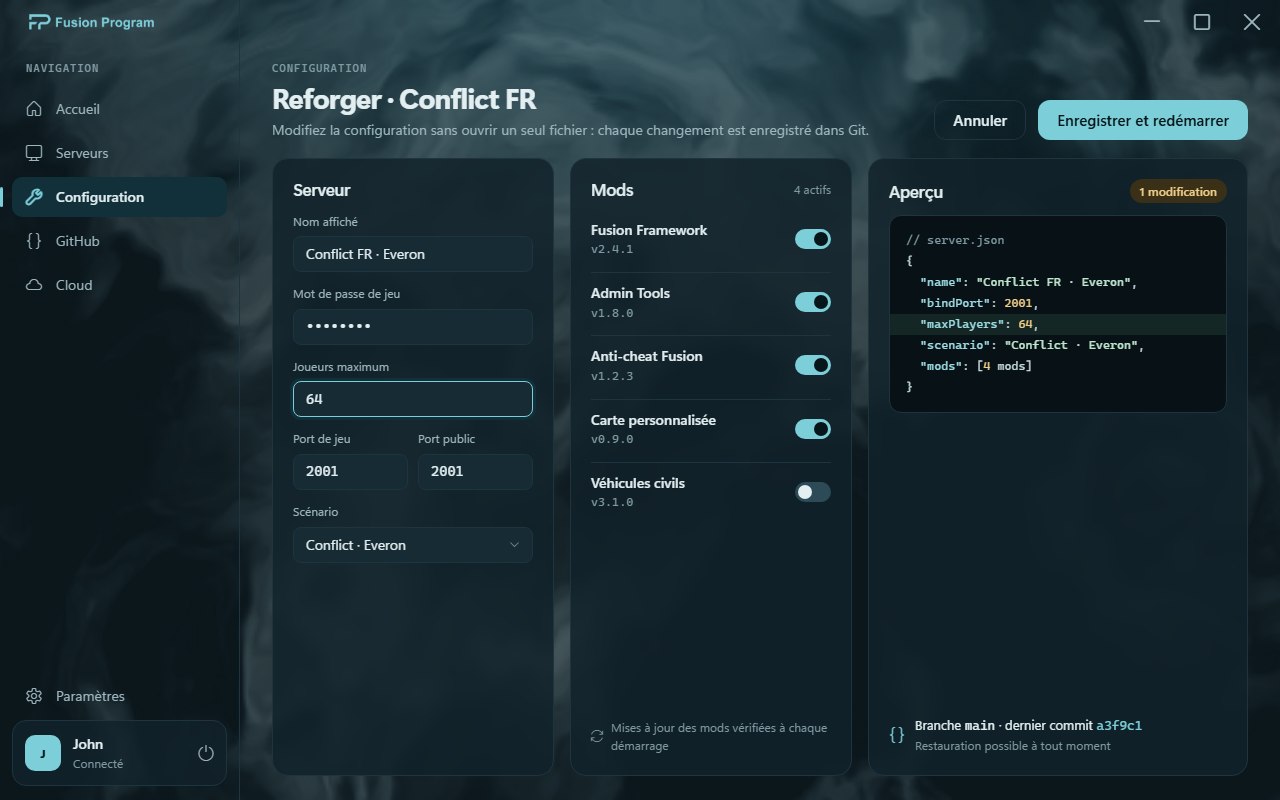 Configuration d'un serveur dans le launcher : paramètres, mods et aperçu du fichier